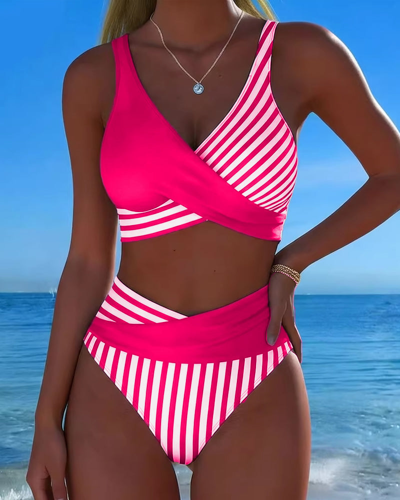 Cross Strap Striped Print Bikini