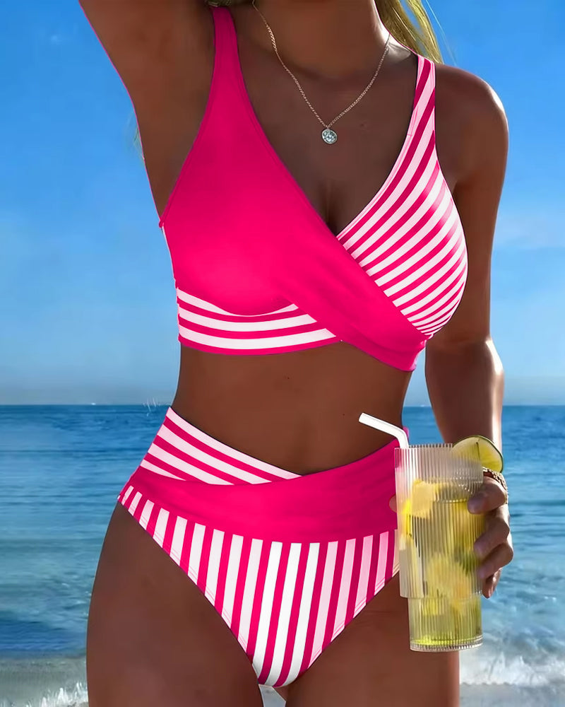 Cross Strap Striped Print Bikini