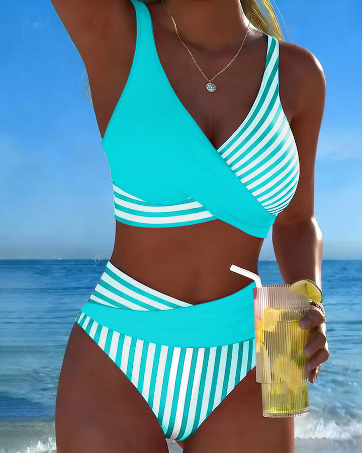 Cross Strap Striped Print Bikini