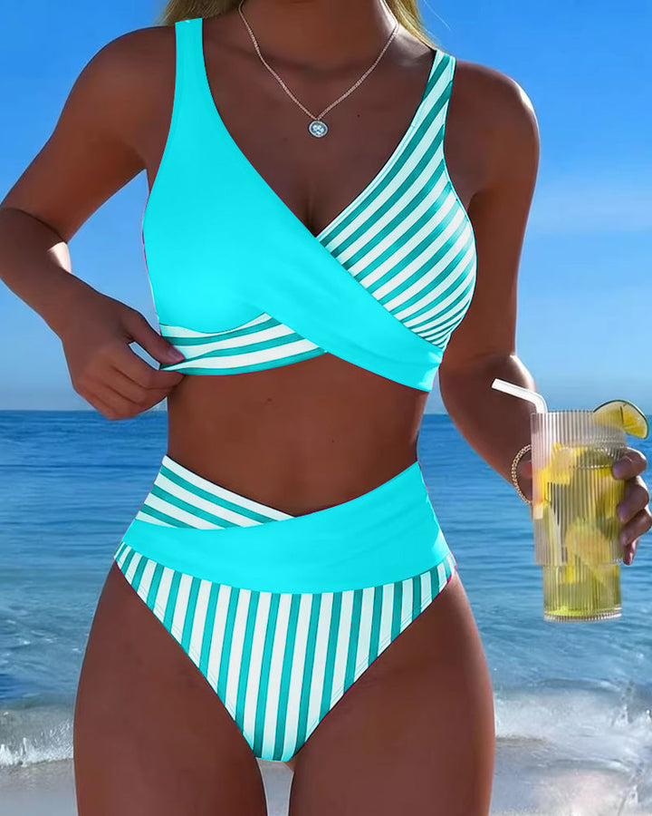 Cross Strap Striped Print Bikini