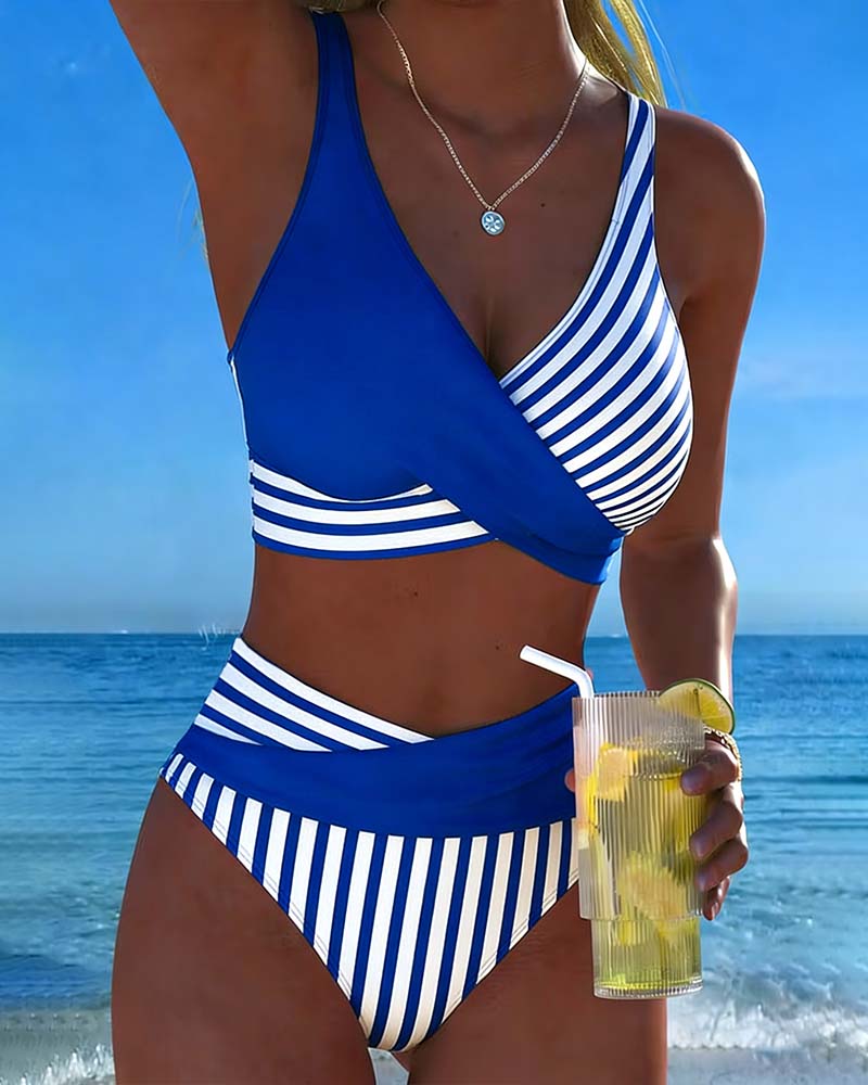 Cross Strap Striped Print Bikini
