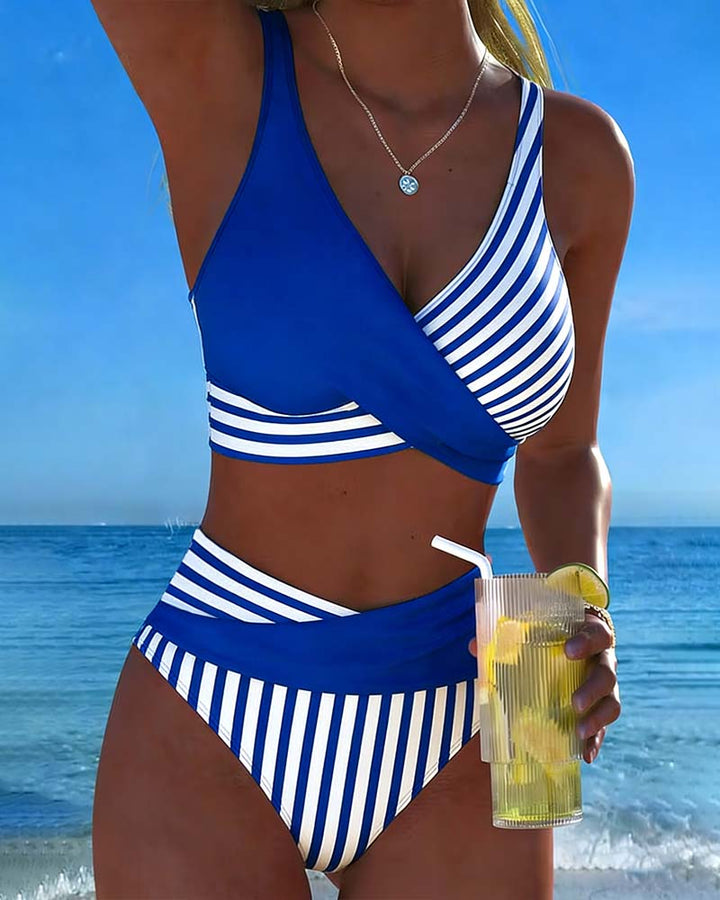 Cross Strap Striped Print Bikini